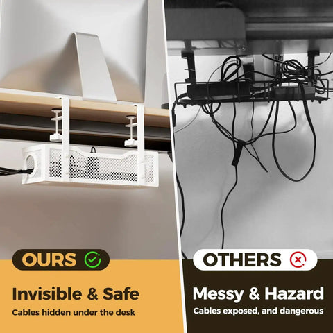 Comparison of white clamp-on under desk cable management tray in use versus messy cables without organizer