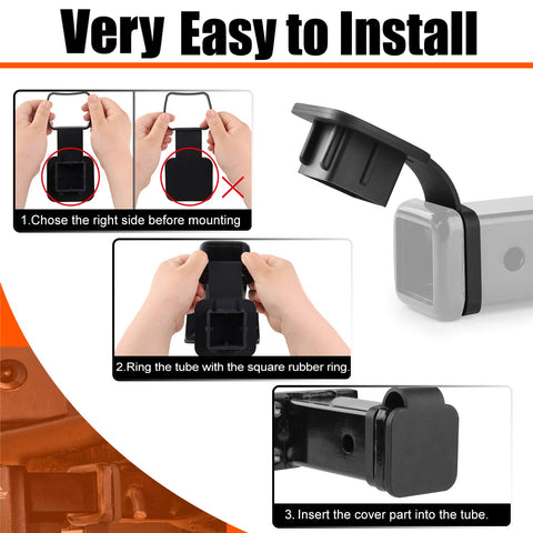 Step-by-step guide showing installation of 2 Inch Trailer Hitch Cover Plug Cap Insert Universal Fit Black Receiver Tube Cover for 2x2 Inch Hitches Class III IV V Fits Toyota Ford GMC Jeep Honda Audi Mercedes Porsche 4Runner CZC Auto.
