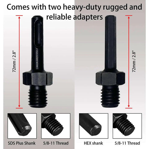Image showing two adapters from the Two Inch Diamond Core Drill Bit Set For Concrete And Masonry With Ten Inch Drilling Depth Laser Welded Core Bit For Rebar Brick Block Dry Core Bits For Pros Includes Two Five Eighth Eleven Thread Adapters, displaying SDS Plus and 5/8-11 thread.