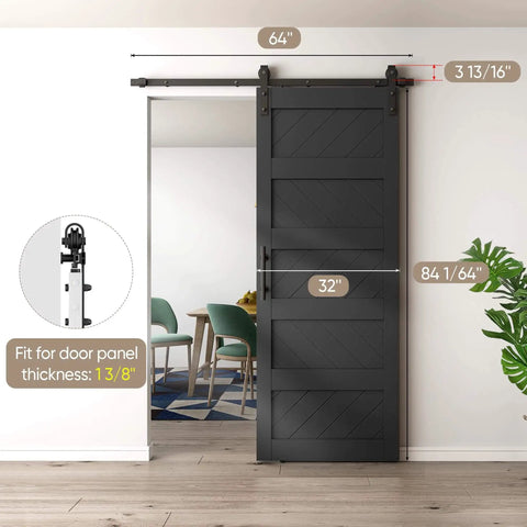 32x84 Inch Wave Style Sliding Barn Door Kit With Hardware Included, Solid Wood Core With MDF And PVC Covered, Easy Installation, Dope Black Finish, Farmhouse Ready Door For Living Room, Bedroom Or Kitchen Renovation installed in a room.