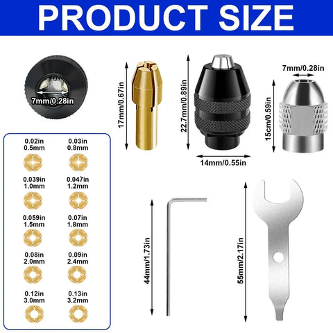 Drill Chuck Collet Set 15 Piece Kit With Brass Quick Change Nut For 1/32 To 1/8 Inch Shanks Replacement Keyless Chuck sizes and components