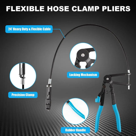 9 Piece Hose Clamp Pliers Set With Long Reach Flexible Cable And Swivel Jaw showing locking mechanism and rubber handle