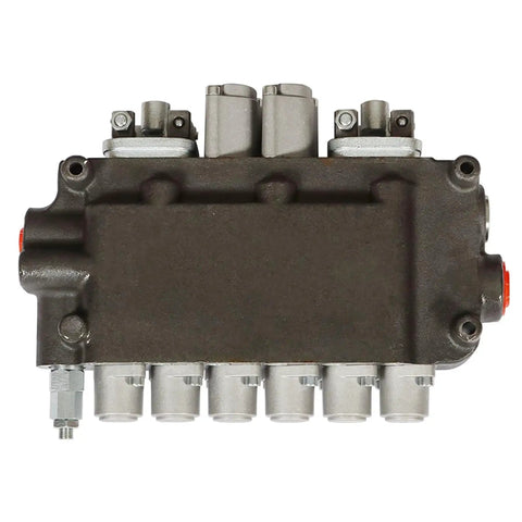 Front view of Heavy Duty 6 Spool Hydraulic Directional Control Valve for small tractors, loaders, and log splitters, cast iron construction