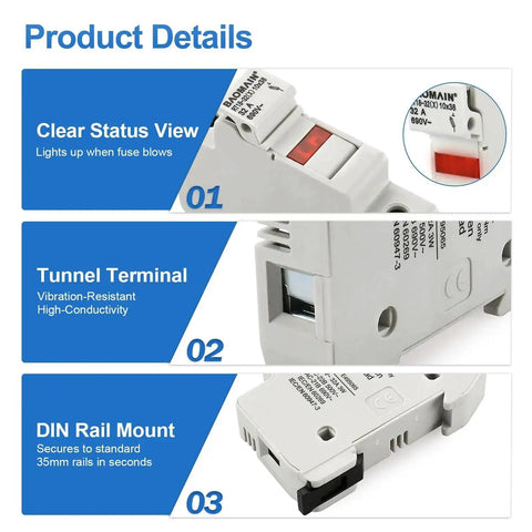 5 Pack RT18 32 X 1P DIN Rail Fuse Holder 32A 690V AC with LED Indicator Light showing close-up of LED, terminal, rail mount