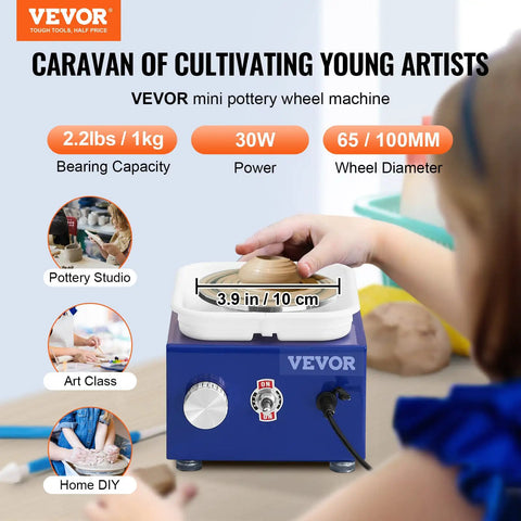 Child using Awesome Mini Pottery Wheel Kit For Kids And Beginners with turntables, adjustable speed, 30W motor for ceramic crafting.