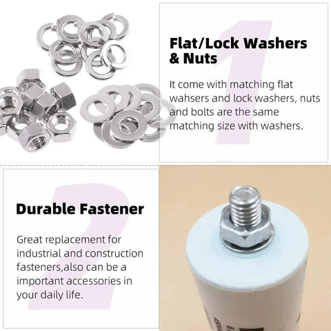 Grab-And-Go 90 Pcs Assortment Kit SAE 304 Stainless Steel 5/16-18 Hex Nuts, Flat Washers, And Split Lock Washers displayed with packaging.