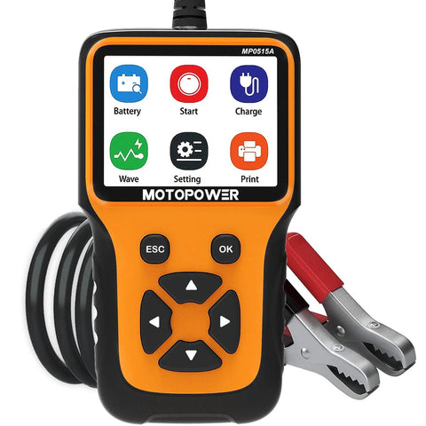 Must Have 12V Car Battery Tester For Auto Cranking And Charging System 100 To 2000 CCA Load Tester Quick Battery Health Readout And Alternator Check MOTOPOWER Silver Edition front view with display and clamps