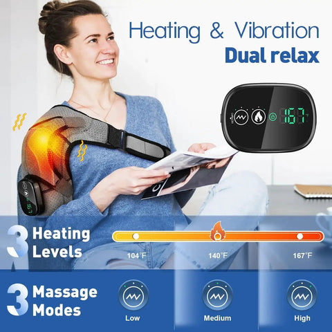 Woman using Cordless Shoulder Heating Pad with Heat and Vibration showing adjustable temperature settings.