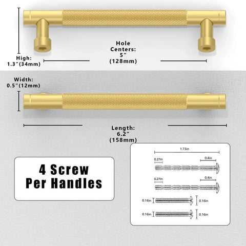 Diagram of 10 Pack Brushed Gold Knurled Cabinet Pulls 5 Inch 128mm with dimensions and screw details, ideal for kitchen cabinets.