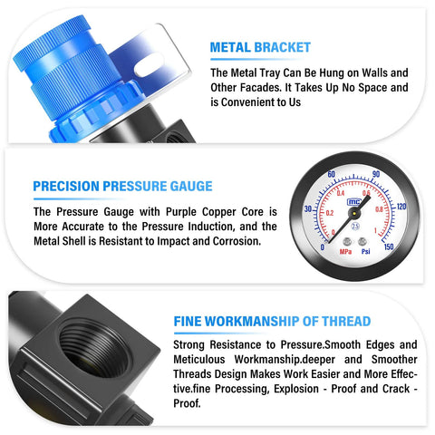 Mini pressure regulator kit component with blue adjustment knob and metal mounting bracket (front view).

Precision pressure gauge with purple copper core and metal shell; dial shows MPa and psi.

Threaded connector with internal threads in dark housing; close-up view.