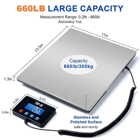 Digital Shipping Scale With 660 Lb Capacity For Heavy Packages, Pro Grade Postage Scale showing 13.5x11 inch stainless steel platform