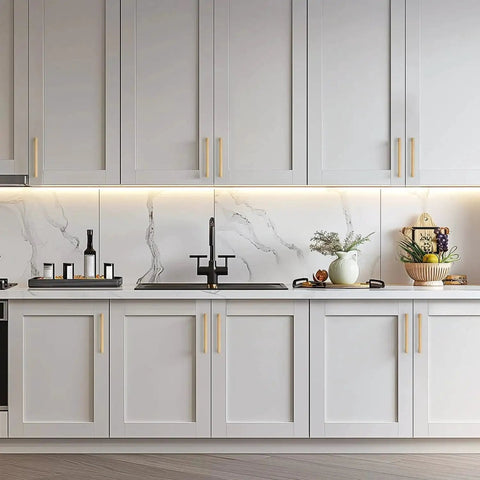 Modern kitchen cabinets with Solid 10 Pack 5 Inch Square Cabinet Handles In Champagne Bronze Finish Durable Drawer Pulls installed.