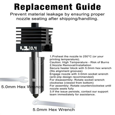 Replacement guide for 3 Pack Hotend Kit With 0.2mm 0.4mm 0.6mm Pro Grade Nozzles For P2S H2D H2S H2C Printers with hex wrench.