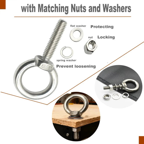 Stainless M4 Eyebolt 0.39 Inch Short Eye Bolt With Threaded Ring Locking Nut And Washer Lifting Hook for Anchor Points Detailed View