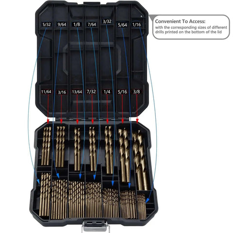 Heavy Duty Pro Grade Cobalt Drill Bit Set For Hardened Metal And Stainless Steel With 99 Pc M35 High Speed Steel Twist Jobber Bits One Sixteenth Inch To Three Eighths Inch In A Durable Plastic Index Case By Sinyeenglon