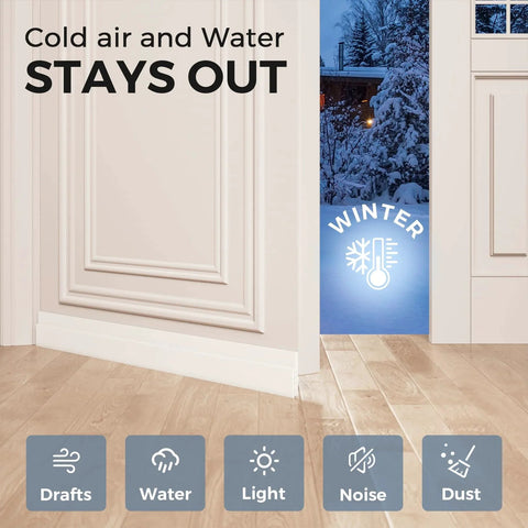 Interior view showing effects of 2 Pack Flexible Silicone Door Draft Stopper With 39 Inch Long Under Door Sweep For Exterior And Interior Doors Weather Stripping Seal To Block Noise And Cold Air Durable Draft Guard By GroTheory in winter, blocking drafts and cold air.
