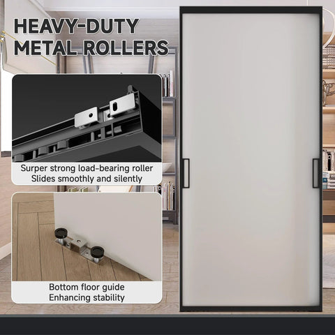 Concealed Sleek Sliding Glass Barn Door Kit With Soft Close Hardware, 40 By 87 Inches, Frosted Tempered Glass, Modern Black Frame