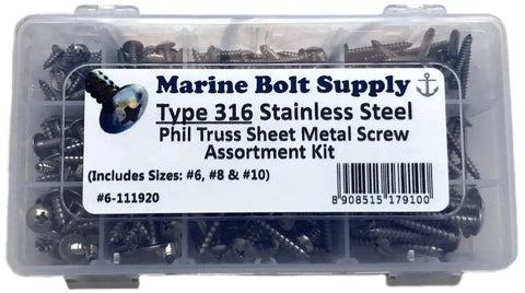 316 Stainless Steel Phillips Truss Head Sheet Metal Screw Kit for Marine and Outdoor Use in plastic box with size labels