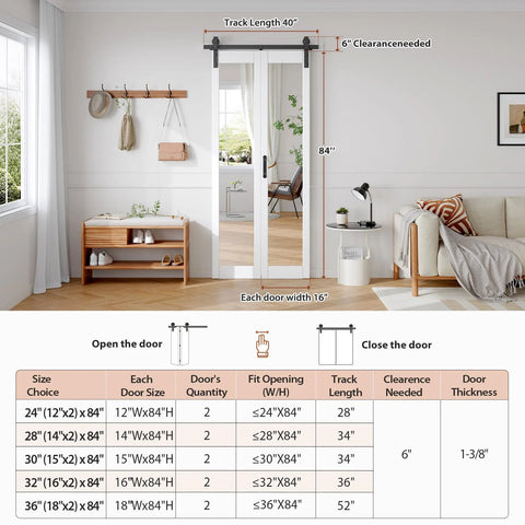 Double Bifold Barn Doors With Mirror For Closet 16x84 Inches White Finish Space Saving Door And Mirror With Hardware Included