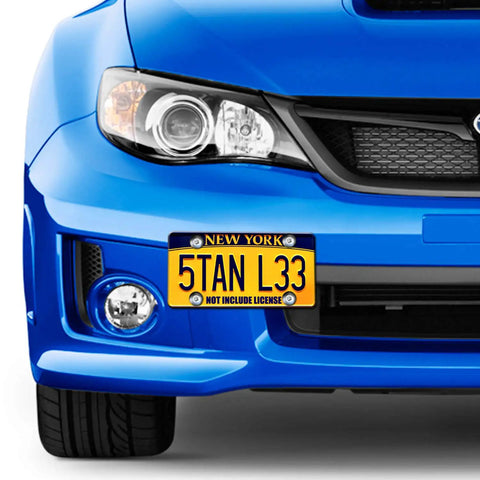 Front view of a blue car with a New York license plate secured using Anti Theft License Plate Screws Kit For Cars Tag Frame Holders Stainless Steel Mounting Hardware Tamper Resistant Security Screw Set 1 Quarter Inch M6 Rust Proof Chrome Caps ZXFOOG.