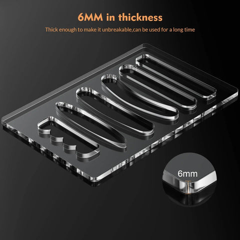Six In One Charcuterie Board Handle Template, acrylic material showing six handle shapes, 1/4 inch thick for woodworking.