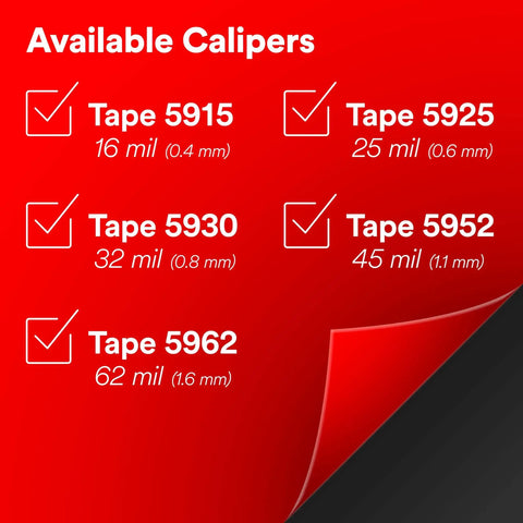 Available calipers for VHB Double-Sided Acrylic Foam Mounting Tape shown with tape thickness options 16 mil to 62 mil.