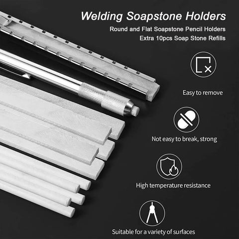 Welding soapstone holders with refills and features, part of Complete MIG Welding Tool Set With Chipping Hammer And Leather Gloves 13.5 Inch Soapstone Holder 50Lb Welding Magnets Welpers Pliers MIG Nozzle Reamer And Wire Brush For Metal Fabrication.
