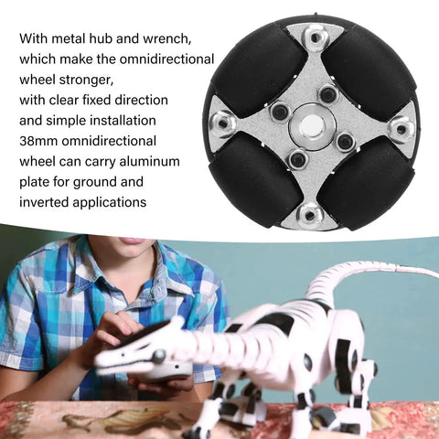 38mm Omni Wheel For Small Robot Cars, Aluminum Alloy Frame With Eight PU Rollers, next to robotic toy on table