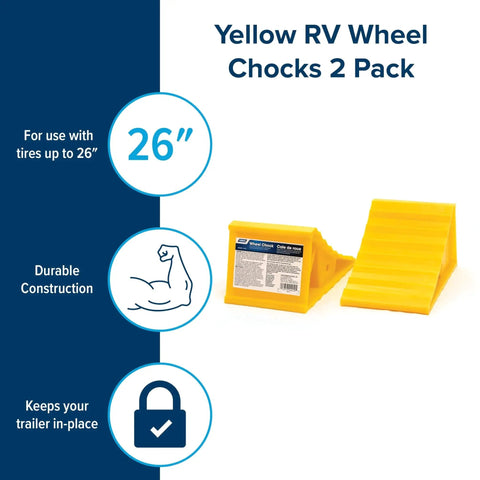 Yellow RV Wheel Chocks 2 Pack Heavy Duty Keeps Trailer In Place Up To 26 Inches, showing durable design and features.