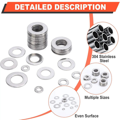 600 Piece Flat Washers Set For Screws And Bolts 304 Stainless Steel Assortment Kit With 7 Sizes M3 M12 in detailed description