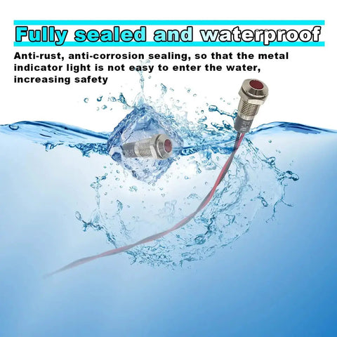 LED Signal Indicator Light 12V-24V AC DC Waterproof Panel Mount With Wire 8mm Hole showcased in water to highlight waterproof feature.