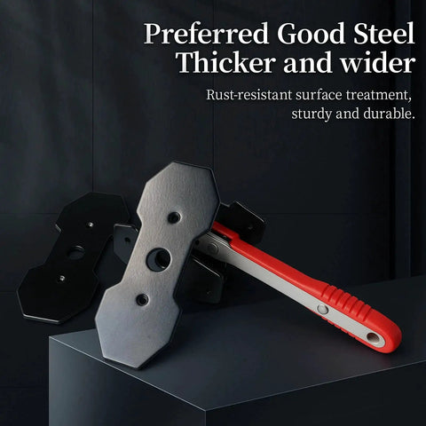 Side view of MAYESAR brake caliper piston compressor tool with red handle and two large steel plates and hooks