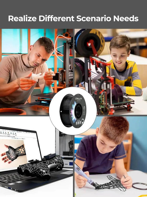 Collage of people using 3D printers, drawing with 1.75mm PETG Filament 1Kg Glossy Black for multi-scenario needs, focus on spool.