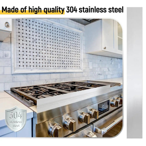 304 Stainless Steel Brushed Gap Filler Trim Strip 4 x 30 Inch Silver installed between stovetop and countertops in a kitchen