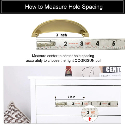 2-Pack Solid Brass Cup Cabinet Pulls in Brushed Brass Finish, Half Moon Style, 3-Inch Hole Center measurement guide