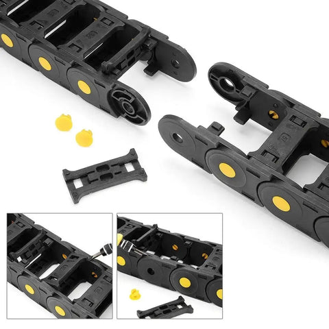 R55 25mm By 57mm Open Type Plastic Cable Drag Chain Carrier For Wires 1 Meter Length CNC Black shown in disassembled state