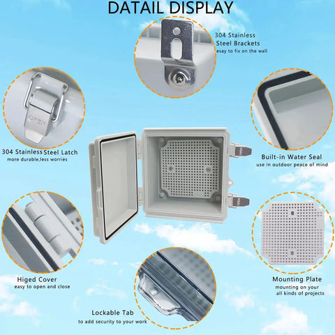 Outdoor Waterproof Electrical Box IP67 Junction Box with Mounting Plate, ABS Plastic, interior display with features highlighted