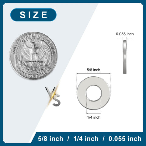 Kirphealy flat washer set, 100 pcs, 1/4 in inner diameter, 5/8 in outer diameter, 0.055 in thick, 304 stainless steel