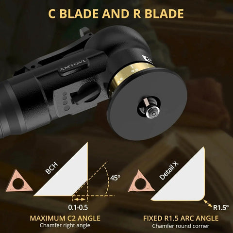 Ultra Compact Pneumatic Chamfering Tool Kit With Ten C Angle And Ten R Angle Blades Delivers Precise 0.1 To 0.5 Millimeter Right Angle Chamfers And 1.5 Millimeter Round Edge Chamfering For Metal And Wood, Speed Settings, 30,000 RPM, Quarter Inch Inlet - showing tool with C and R blades.