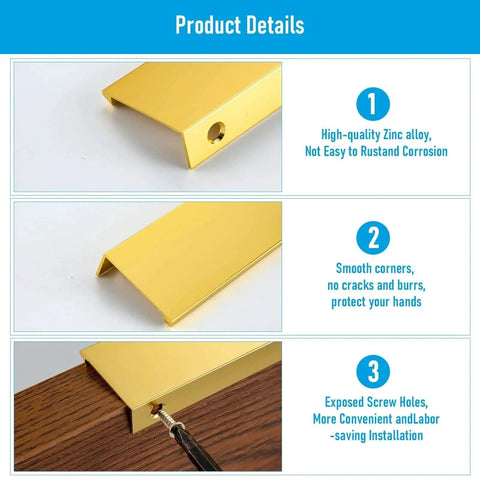 10 Pack Edge Finger Pulls For Cabinets, 4.72 Inch Length, 96 Mm Hole Center, gold finish, detailed view of smooth edges and screw installation