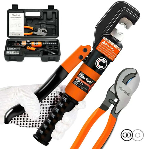 10 Ton Hydraulic Battery Cable Crimper With 9 Dies And Dual Blade Weir Cutter, spring loaded handle, carrying case, gloves in view