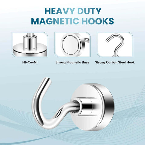 Heavy duty magnetic hook with Ni+Cu+Ni base and carbon steel, ideal for holding items securely in place.