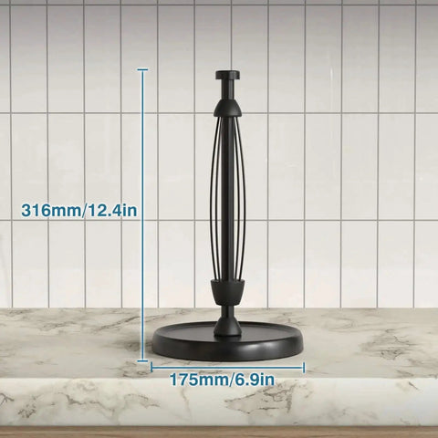 One Hand Tear Paper Towel Holder For Countertop Black Stainless Steel With Weighted Base Ratchet Mechanism displayed on marble surface