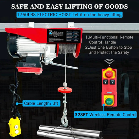1760 Lb 110V Electric Hoist With Remote 2 In 1 Wired And Wireless Lift Winch showing hoist, wired control, and wireless remote.
