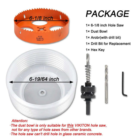 6-1/8 Inch Hole Saw Kit For Recessed Lights With Dust Bowl Catcher And Bi-Metal Construction Includes Arbor Replacement Drill Bit Hex Key DIY Friendly For Wood Metal Drywall And LED Recessed Lighting VIKITON components shown, including hole saw, dust bowl, arbor, drill bit, and hex key.