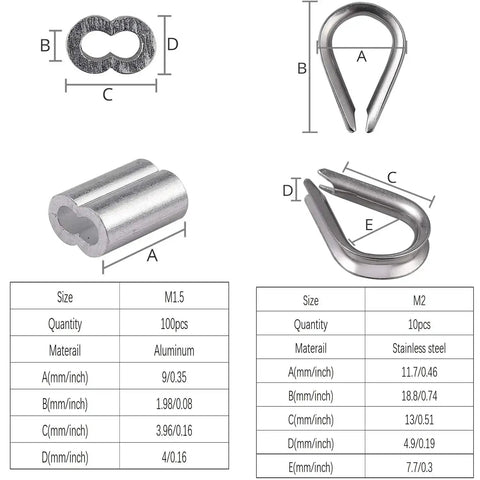 Aluminum crimping loop sleeve and stainless steel wire rope thimble from Heavy Duty Wire Rope Crimping Tool Kit With 100 Ft One Sixteenth Inch Stainless Steel Cable, 100 Aluminum Crimping Loop Sleeves, 10 Stainless Steel Wire Rope Thimbles And Crimping Pliers
