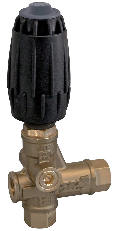 Pressure washer VRT 3 unloader valve with black knob, brass body, 3/8 in FNPT ports