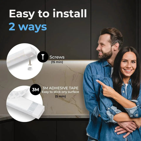 Image showing installation methods for Wave On Wave Off Under Cabinet LED Lighting Kit with 3M tape and screws in kitchen.