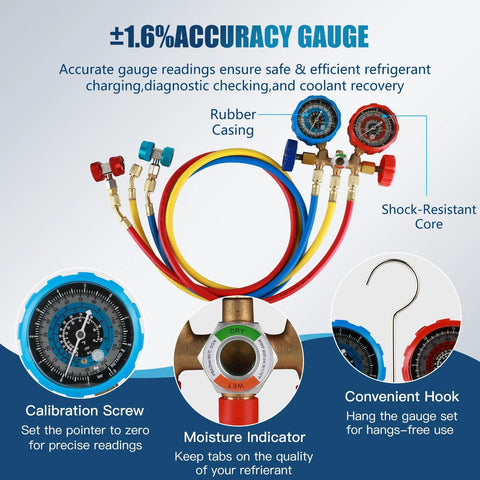 Automotive three-way A/C manifold gauge set with color-coded blue, yellow, and red hoses and dual gauges