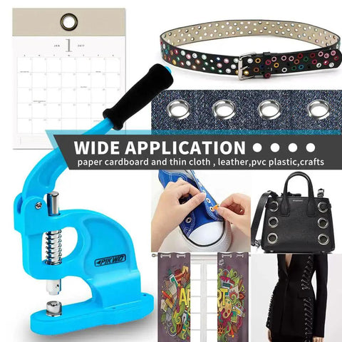 Heavy Duty Eyelet Grommet Machine Press Kit With 3 Interchangeable Dies And 900 Grommets showcasing wide applications on various materials